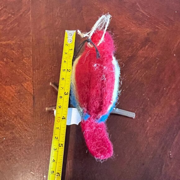 Felt Parrot Hanging Ornament - Red Blue & Yellow Wooden Perch - Picture 6 of 7